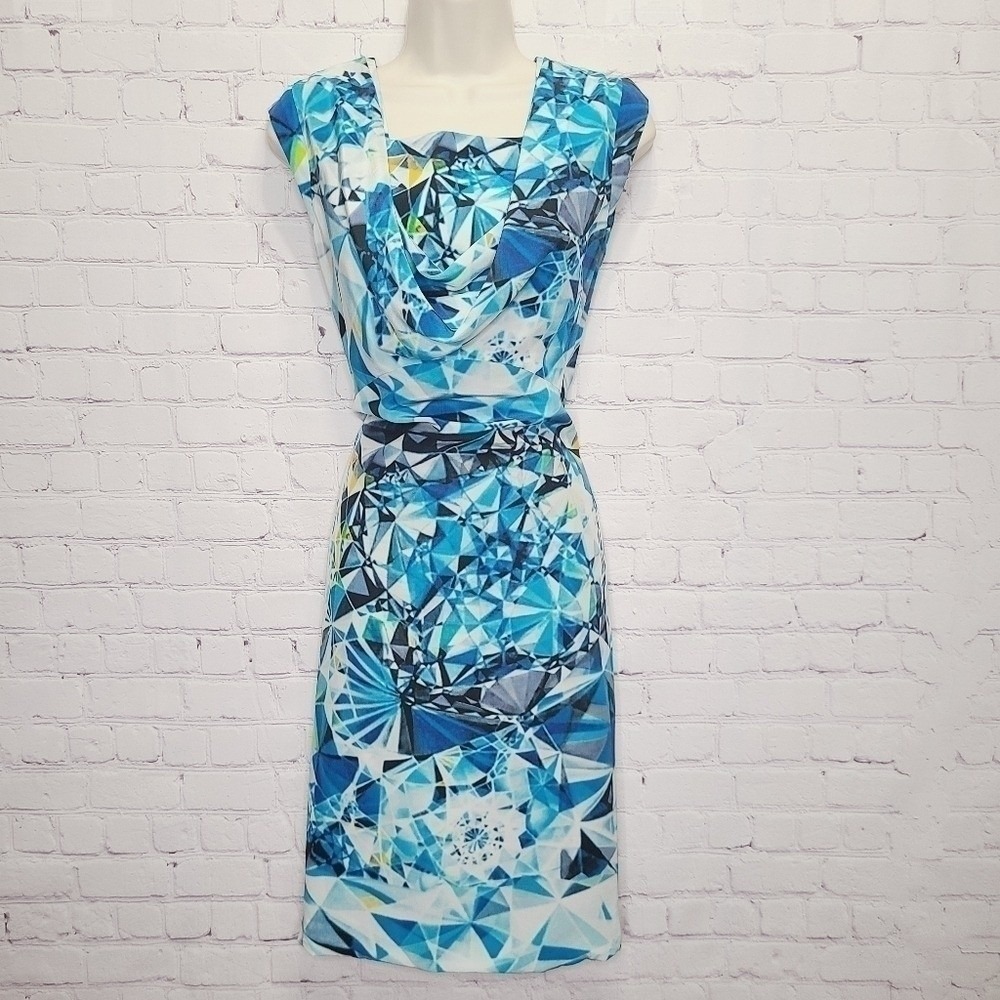 Magaschoni New York Blue Geometric Diamond Print 100% Silk Cowl Neck Dress 2 - Picture 1 of 9